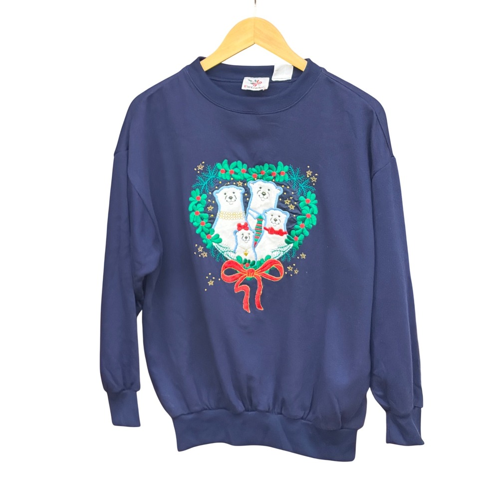 Vtg Nutcracker Sweatshirt Christmas Polar Bear Family Kitsch Retro Navy Small